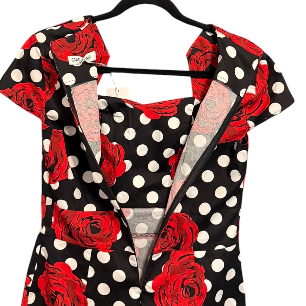 NWT Grace Karin Red Rose Polka Dot Pencil Dress Black Rockabilly Pinup Small - Picture 5 of 8